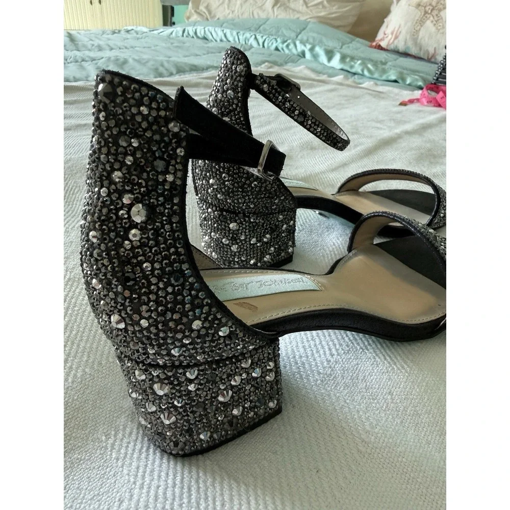 Betsey Johnson Mari Black Heel Sz 6.5 Ankle Strap Sandal Rhinestone Glam
